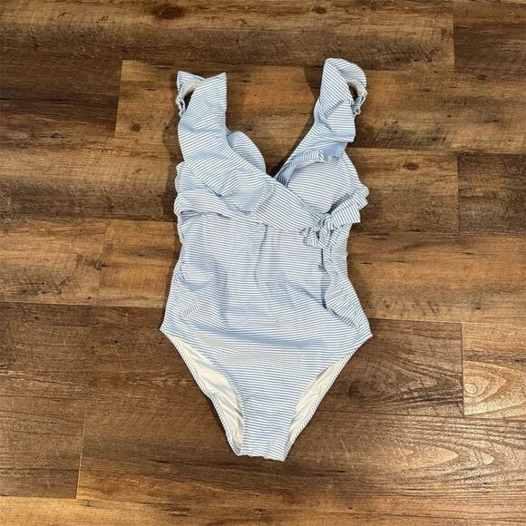Kindred Bravely Seersucker One Piece Swimsuit Maternity Nursing Wrap Ruffle Tie - Picture 1 of 7
